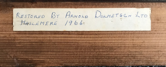 1770 Baker Harris spinet nameboard batten inscription by Dolmetsch 42K jpeg
