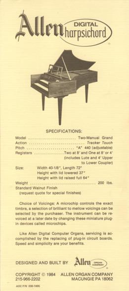 Allen Digital Harpsichord brochure from 1984 44K jpeg
